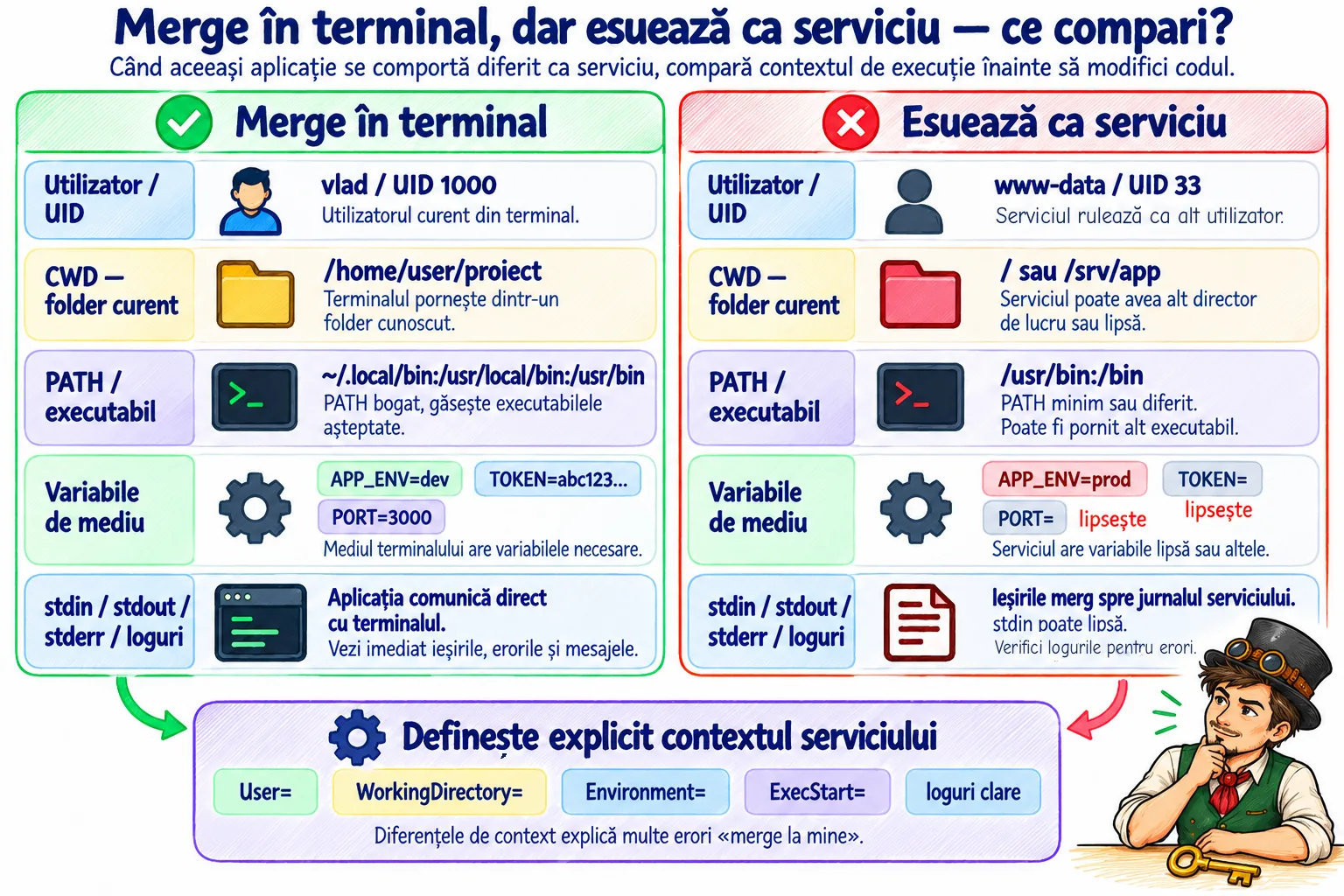Comparație între contextul care merge în terminal, cu utilizatorul curent, un folder de lucru cunoscut, un PATH bogat, variabile de mediu prezente și ieșiri direct în terminal, și contextul care eșuează ca serviciu, cu alt utilizator, alt CWD, PATH minim, variabile lipsă și ieșiri în jurnalul serviciului, cu concluzia de a defini explicit User, WorkingDirectory, Environment și ExecStart.