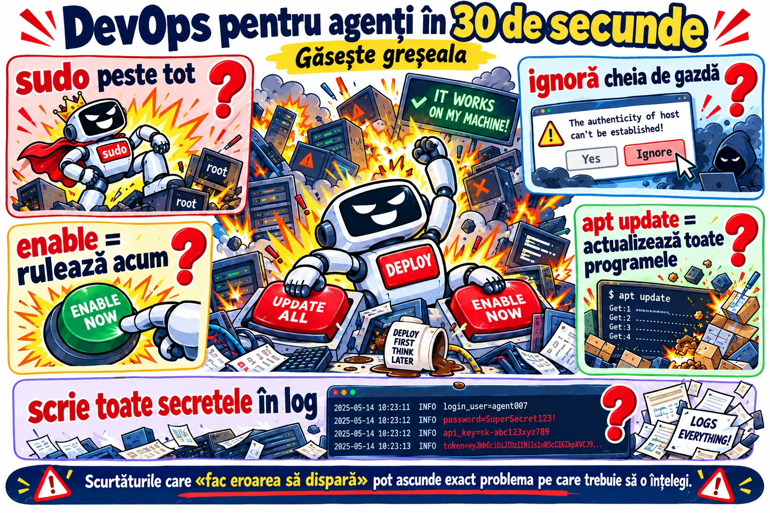 Ilustrație „DevOps pentru agenți în 30 de secunde — găsește greșeala”: sudo peste tot, ignorarea cheii de gazdă, enable considerat echivalent cu rularea acum, apt update înțeles ca actualizare a tuturor programelor și scrierea tuturor secretelor în log, fiecare dintre ele marcată cu semnul întrebării.