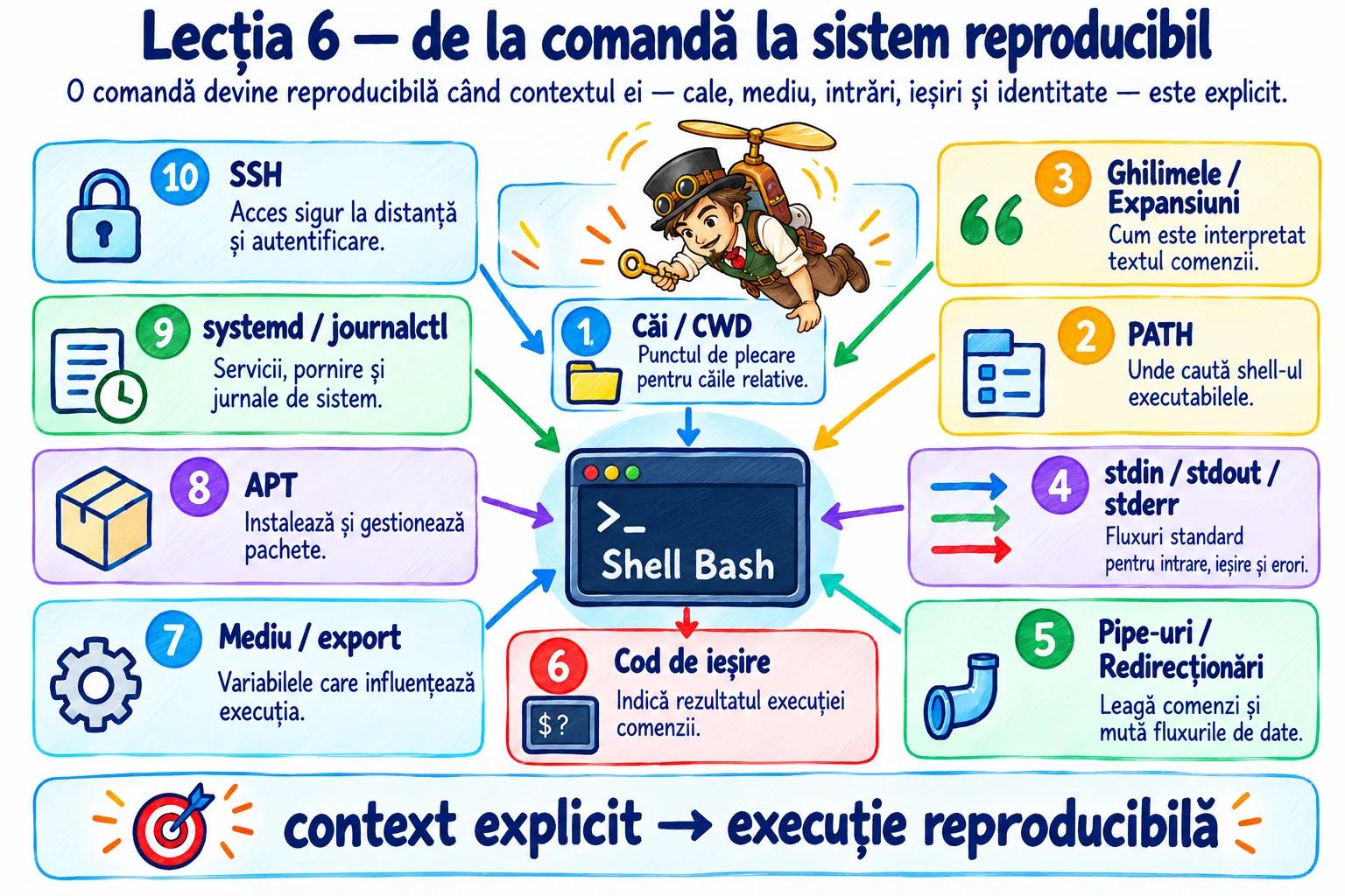 Recapitularea Lecției 6 ca hartă în jurul shell-ului Bash: căi și CWD, ghilimele și expansiuni, PATH, stdin, stdout și stderr, pipe-uri și redirecționări, cod de ieșire, mediu și export, APT, systemd și journald, SSH, cu ideea că contextul explicit produce o execuție reproductibilă.