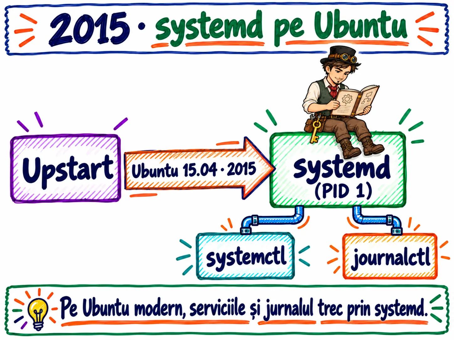 În Ubuntu 15.04 (2015), Upstart este înlocuit de systemd (PID 1), cu instrumentele systemctl și journalctl.