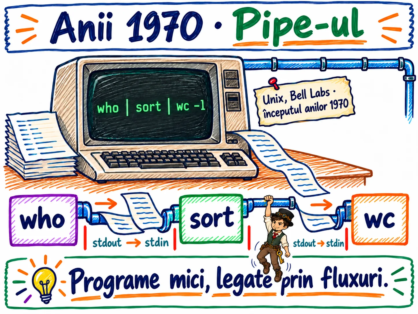 Un terminal Unix de la începutul anilor 1970 rulează who | sort | wc -l; ieșirea fiecărui program intră prin pipe în intrarea următorului.